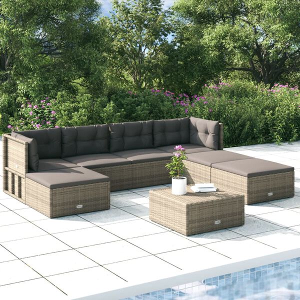 vidaXL 7-delige Loungeset met kussens poly rattan grijs