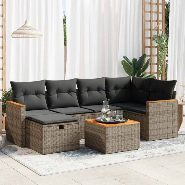 vidaXL 7-delige Loungeset met kussens poly rattan grijs