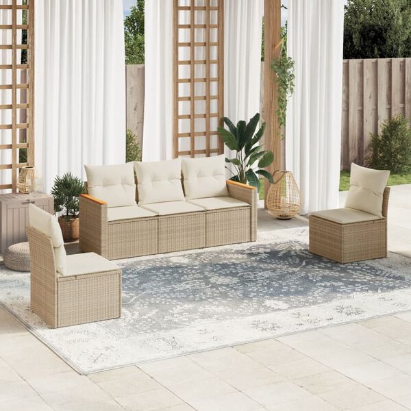 vidaXL 5-delige Loungeset met kussens poly rattan beige