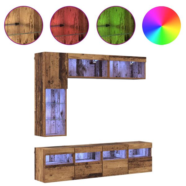 vidaXL TV-kast met LED Wandgemonteerd 7 pcs Oudhout Bewerkt hout