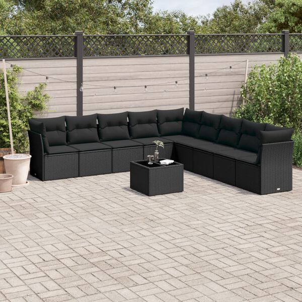vidaXL 10-delige Loungeset met kussens poly rattan zwart