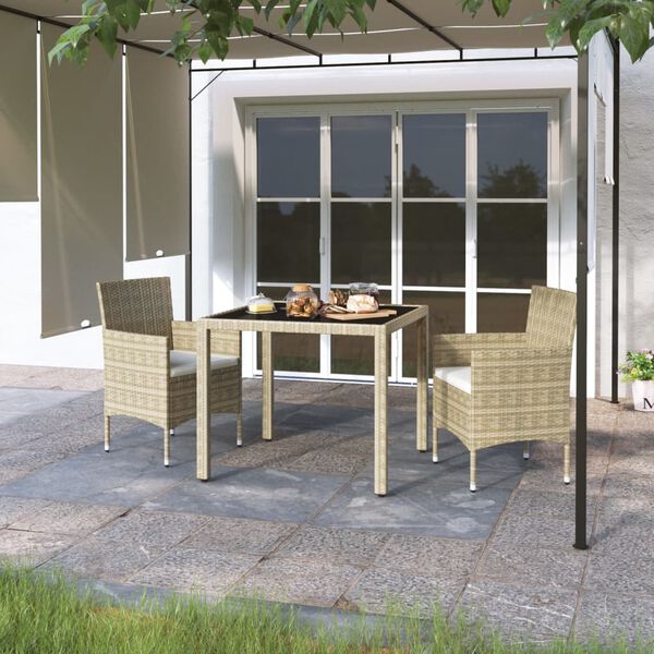 vidaXL 3-delige Tuinset poly rattan en gehard glas beige
