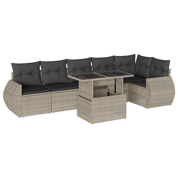 vidaXL 7-delige Loungeset met kussens poly rattan lichtgrijs