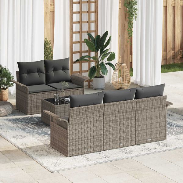 vidaXL Tuin Sofa Set met kussen 6 pcs Grijs Poly rattan, staal en glas