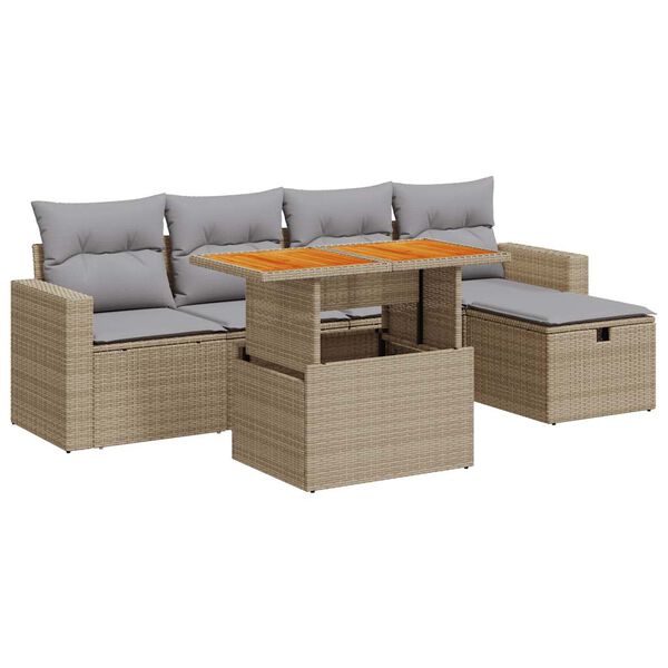 vidaXL 6-delige Loungeset met kussens poly rattan acacia beige