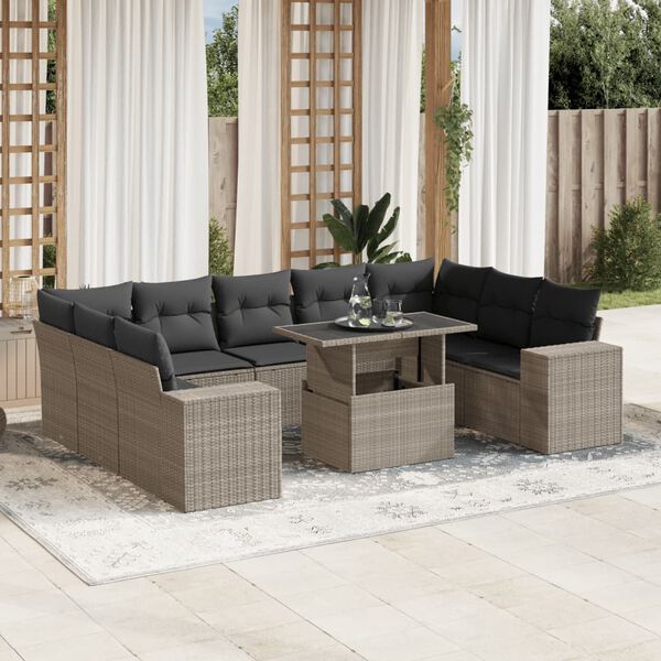 vidaXL 10-delige Loungeset met kussens poly rattan lichtgrijs