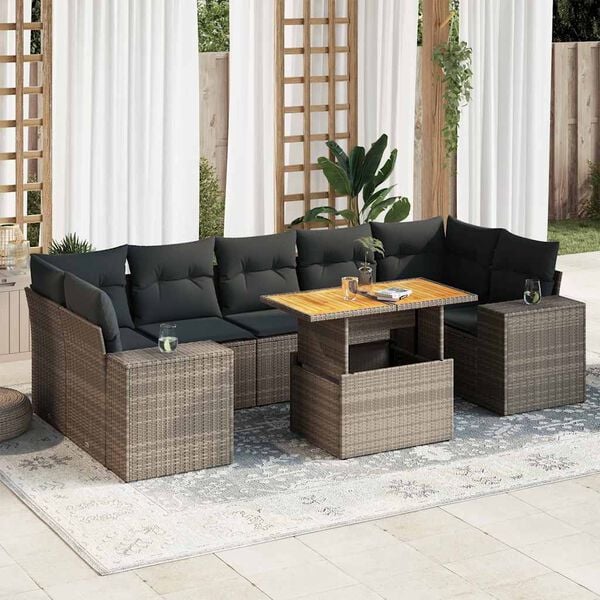 vidaXL 8-delige Loungeset met kussens poly rattan grijs