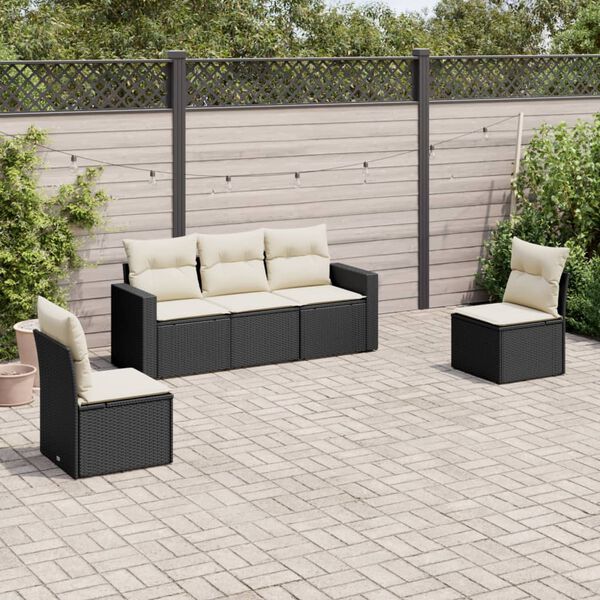 vidaXL 5-delige Loungeset met kussens poly rattan zwart