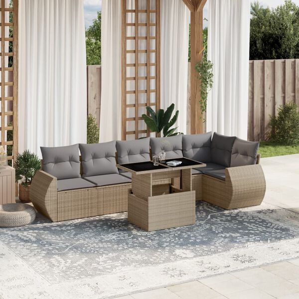 vidaXL 7-delige Loungeset met kussens poly rattan beige