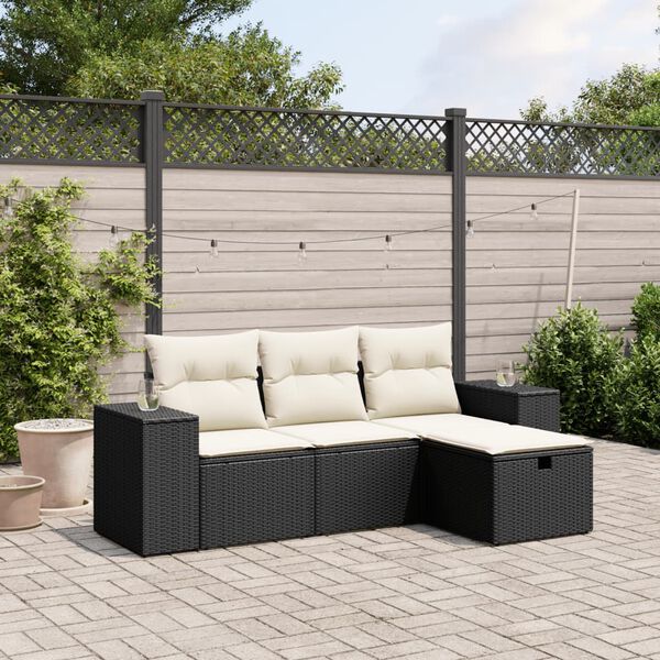 vidaXL 4-delige Loungeset met kussens poly rattan zwart