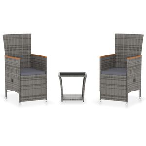 vidaXL 3-delige Loungeset met kussens poly rattan grijs
