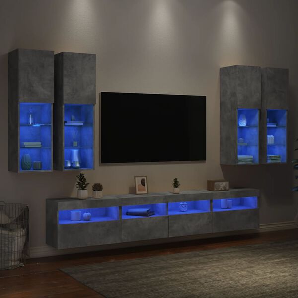 vidaXL 7-delige Tv-wandmeubelset met LED-verlichting betongrijs