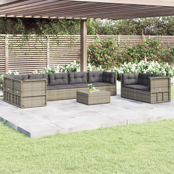 vidaXL 8-delige Loungeset met kussens poly rattan grijs