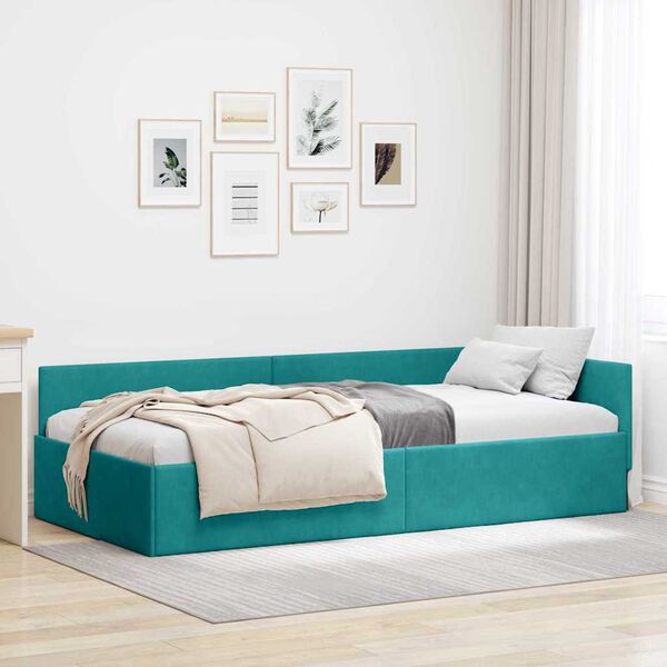 vidaXL Hoekbedframe met hoofdeinde Turquoise 90 cm x 200 cm Fluweel