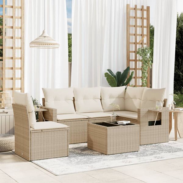 vidaXL 6-delige Loungeset met kussens poly rattan beige