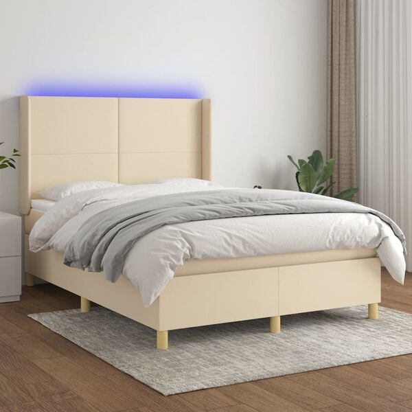 vidaXL Boxspring met matras en LED stof cr&egrave;mekleurig 140x190 cm