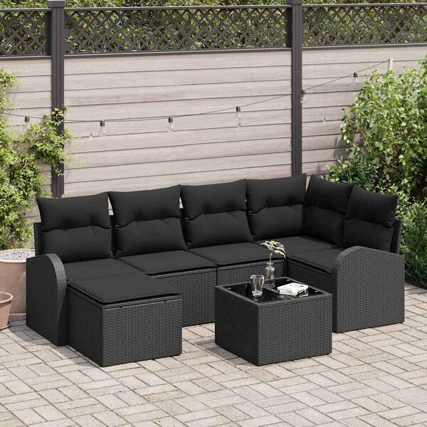 vidaXL Tuinbankenset 7 pcs Zwart poly rattan