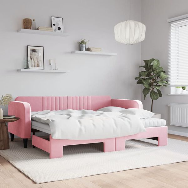 vidaXL Slaapbank onderschuifbed en matrassen 90x200 cm fluweel roze