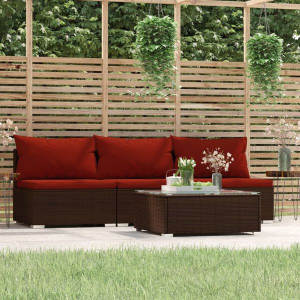 vidaXL 4-delige Loungeset met kussens poly rattan bruin