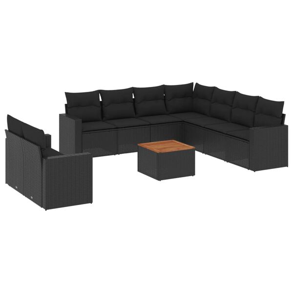 vidaXL 10-delige Loungeset met kussens poly rattan zwart