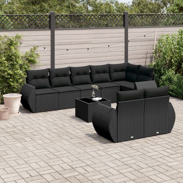 vidaXL 9-delige Loungeset met kussens poly rattan zwart