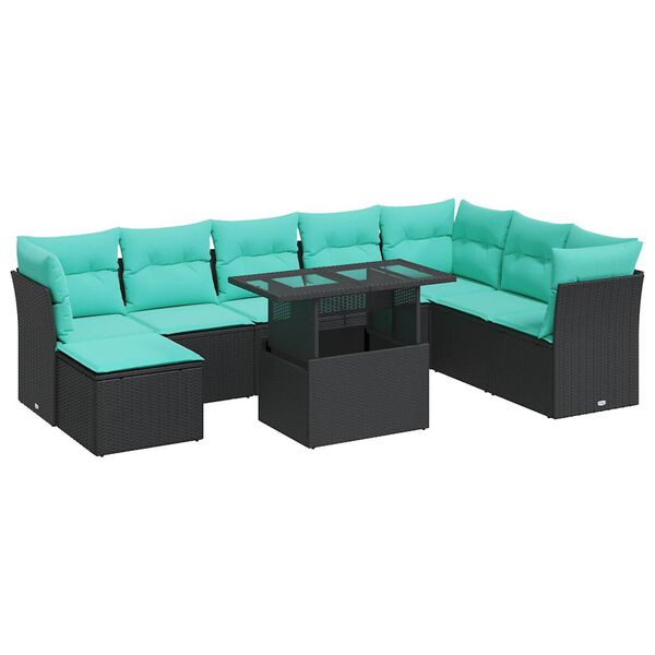 vidaXL 9-delige Loungeset met kussens poly rattan acacia zwart
