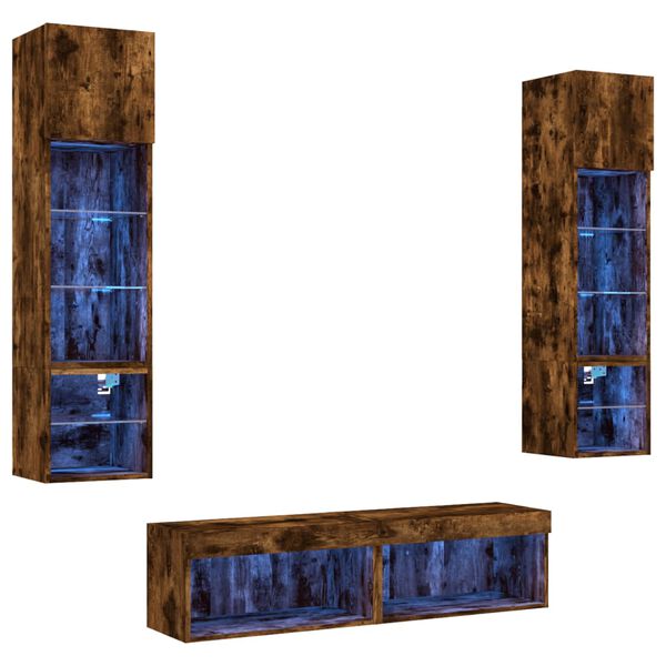 vidaXL 6-delige tv-wandmeubelset met LED bewerkt hout gerookt eiken