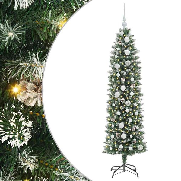 vidaXL Kunstmatige slanke kerstboom met 150 LED Groen en wit 150 cm