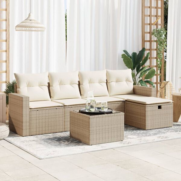 vidaXL 6-delige Loungeset met kussens poly rattan beige