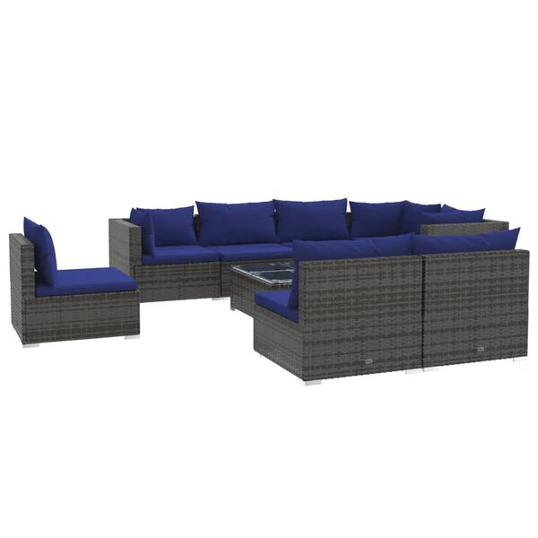 vidaXL 9-delige Loungeset met kussens poly rattan grijs