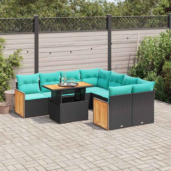 vidaXL 9-delige Loungeset met kussens poly rattan acacia zwart