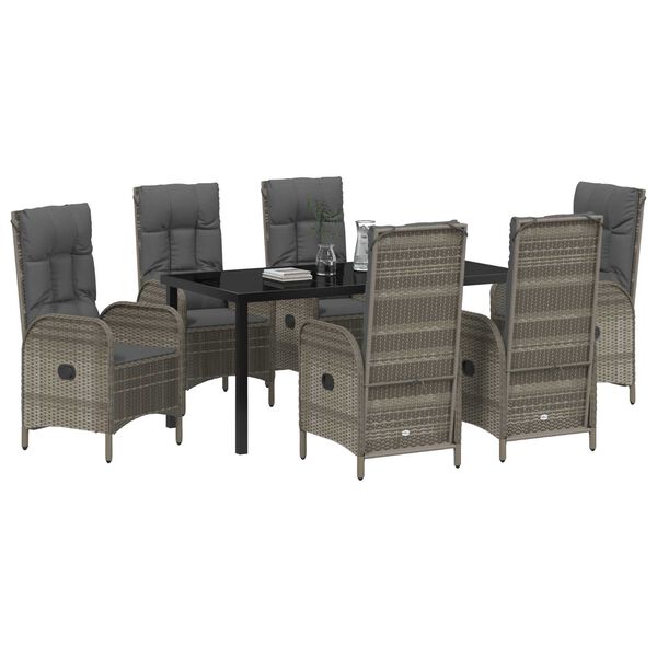 vidaXL Tuin eettafelset met kussen 7 pcs Grijs poly rattan