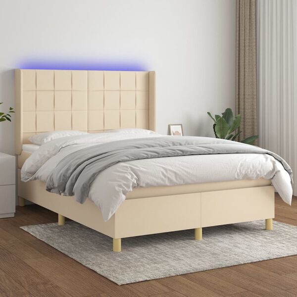 vidaXL Boxspring met matras en LED stof cr&egrave;mekleurig 140x200 cm