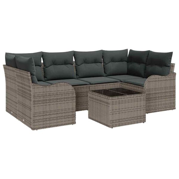 vidaXL Tuin Sofa Set met kussen 7 pcs Grijs Poly rattan, staal en glas