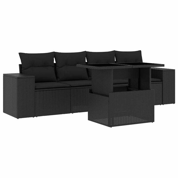 vidaXL 5-delige Loungeset met kussens poly rattan zwart