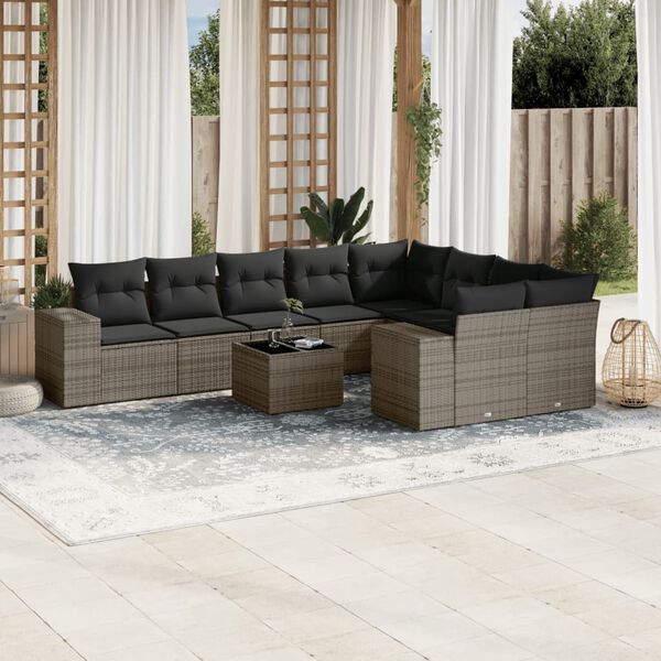 vidaXL 10-delige Loungeset met kussens poly rattan grijs
