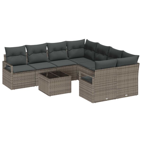 vidaXL Bankstel met kussen 9 pcs Grijs poly rattan