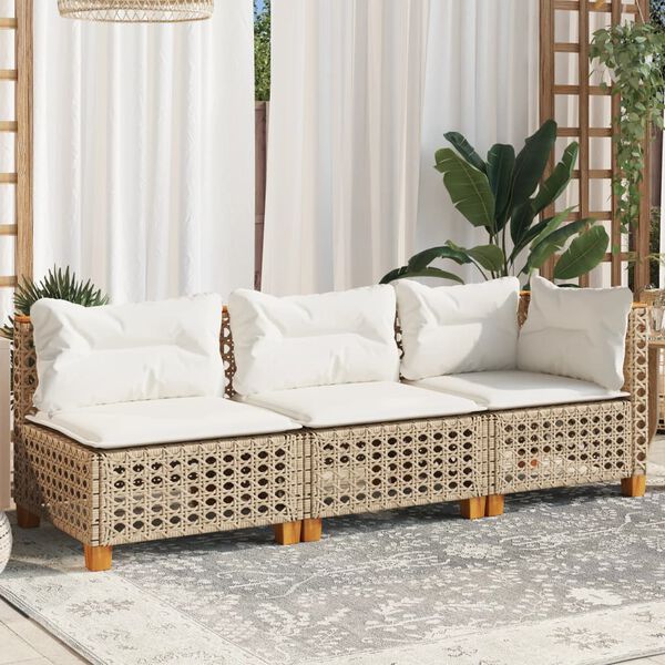 vidaXL Tuinbank 3-zits met kussens poly rattan beige