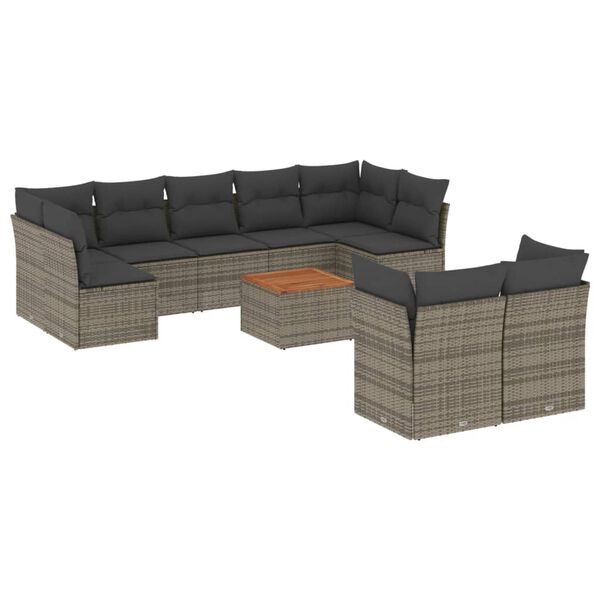 vidaXL 10-delige Loungeset met kussens poly rattan grijs