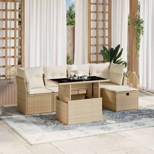 vidaXL 6-delige Loungeset met kussens poly rattan beige