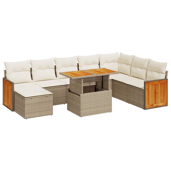vidaXL 9-delige Loungeset met kussens poly rattan acacia beige