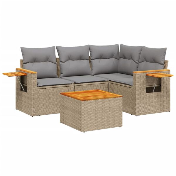 vidaXL 5-delige Loungeset met kussens poly rattan beige