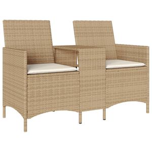 vidaXL Tuinbank 2-zits met tafel en kussens poly rattan beige