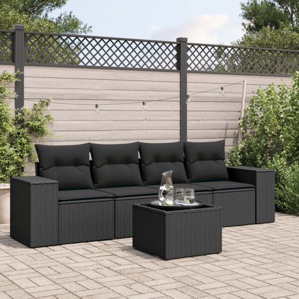 vidaXL 5-delige Loungeset met kussens poly rattan zwart