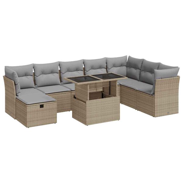 vidaXL 9-delige Loungeset met kussens poly rattan beige