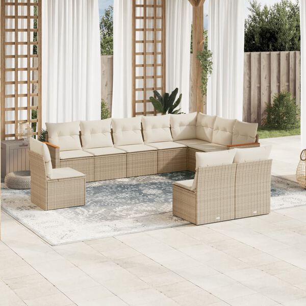 vidaXL 10-delige Loungeset met kussens poly rattan beige