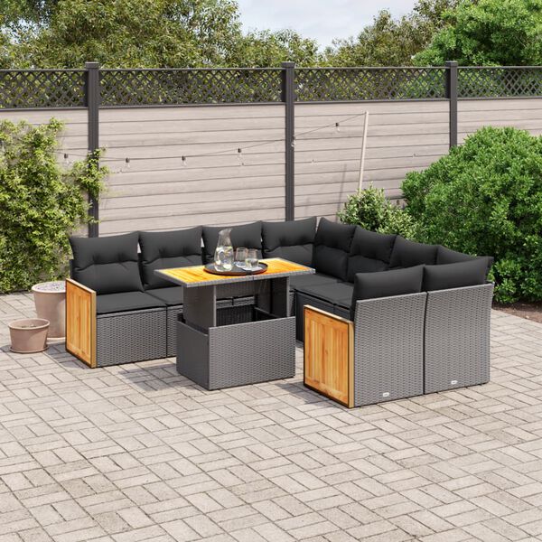 vidaXL 9-delige Loungeset met kussens poly rattan zwart