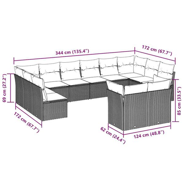 vidaXL 12-delige Loungeset met kussens poly rattan bruin