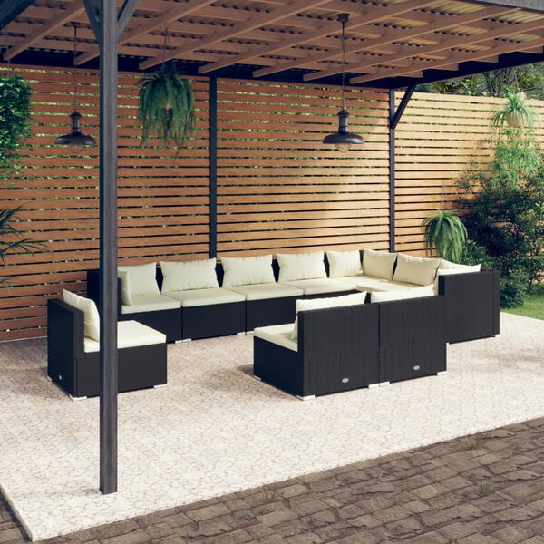 vidaXL 10-delige Loungeset met kussens poly rattan zwart