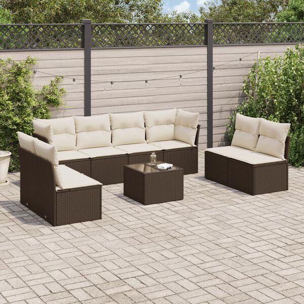 vidaXL 9-delige Loungeset met kussens poly rattan bruin